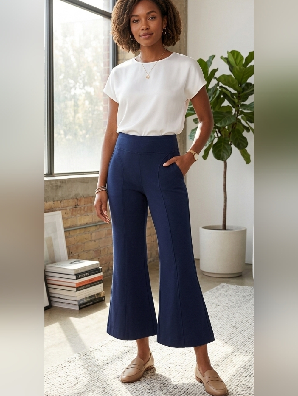 Kit and Ace Pull On Fit and Flare Cropped Pants in Navy Blue Size 4 - Picture 1 of 13